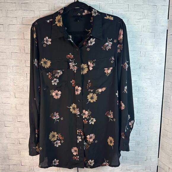 Who what wear floral blouse button down sheer long sleeve career wear evening - Picture 1 of 9